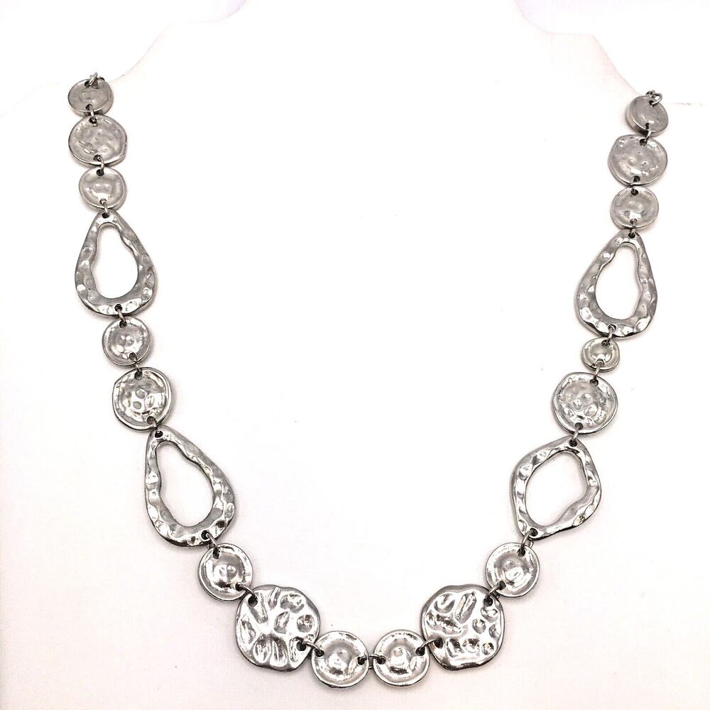 Erica Lyons Silver Tone Hammered Disc Open Teardrop Station Necklace
